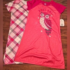 Wonder Nation Girls Nightgowns Pink Plaid Owl Large 10/12 Short Sleeves 2 Pack